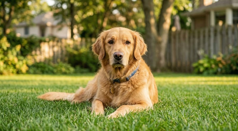 Golden retriever lying on green suburban lawn — safe lawn for dogs after organic weed treatment