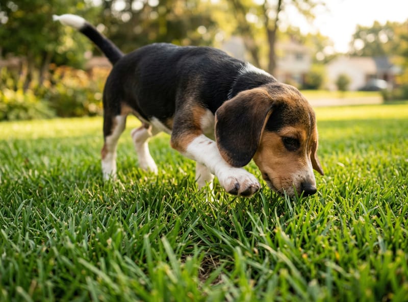 Dog sniffing lawn grass blades — how dogs make direct contact with treated lawn surfaces