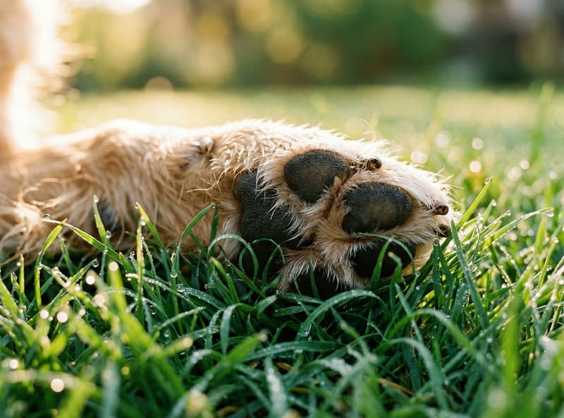Dog paw resting on healthy green grass — the connection between pets and safe outdoor spaces