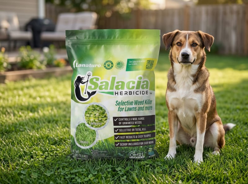 Salacia Pet Friendly organic weed killer bag on lawn with dog sitting beside it
