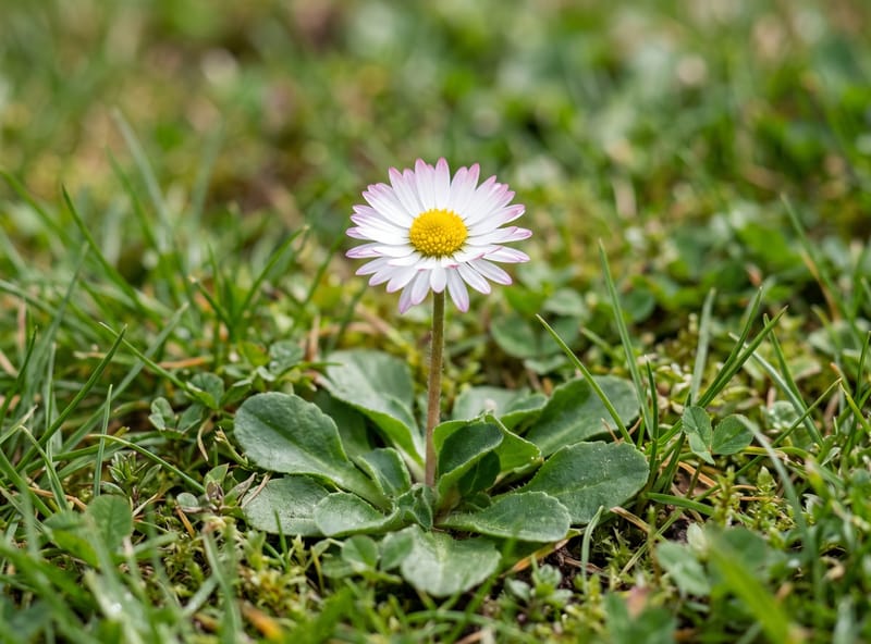 English daisy with a low rosette of spoon-shaped leaves and single white pink-tipped daisy flowers on short stalks in turf