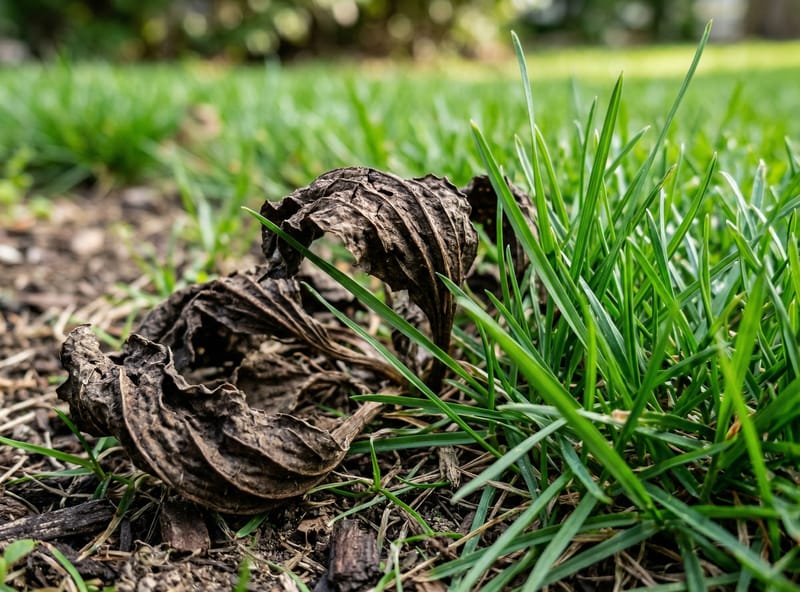 Dehydrated broadleaf weed next to healthy grass — organic dehydration mechanism in action