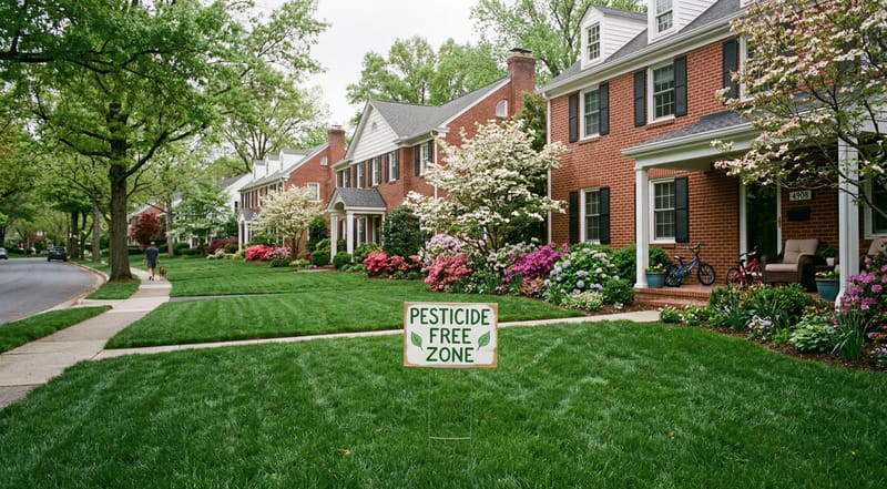 Suburban neighborhood in Montgomery County, Maryland with healthy pesticide-free lawns and Pesticide Free Zone yard sign