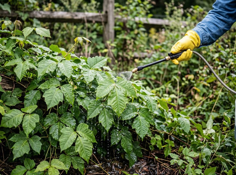 Close-up of poison ivy being treated with organic herbicide spray, protective gloves visible, thorough coverage on all leaf surfaces