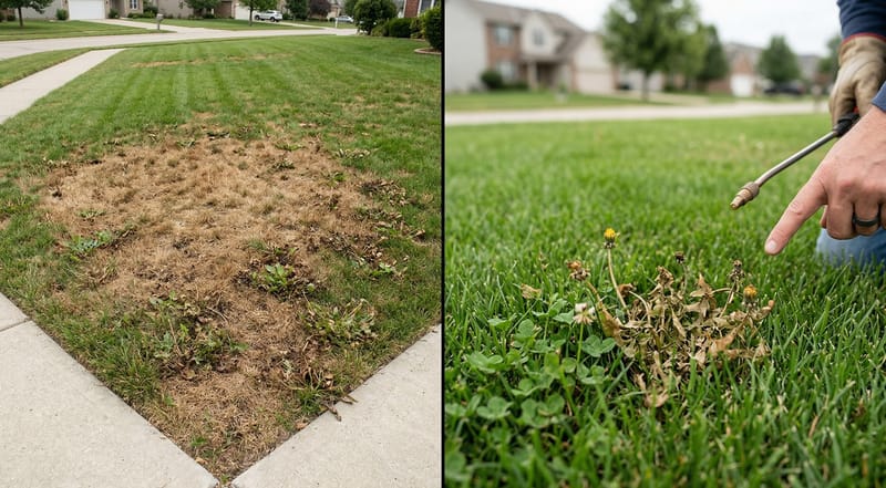 Comparison showing non-selective herbicide damage to an entire lawn versus selective organic treatment that kills weeds while grass stays healthy