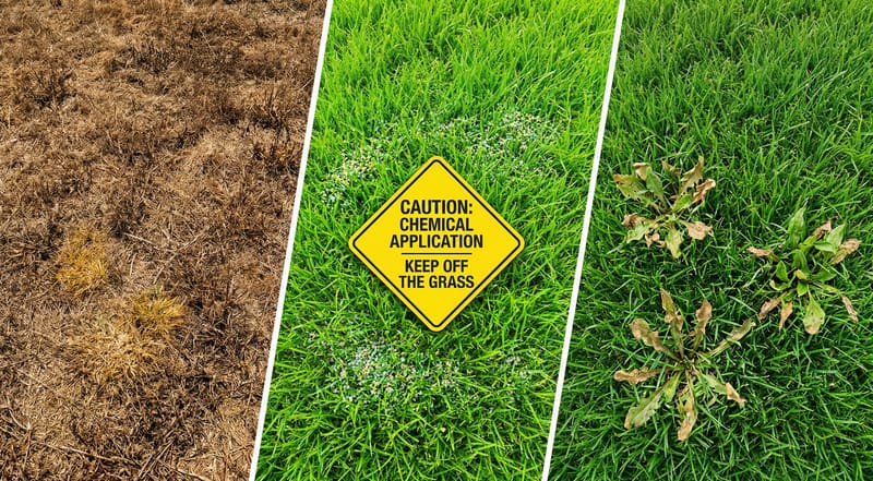 Three approaches to weed control compared: scorched lawn from non-selective spray, chemically treated lawn with warning sign, and healthy lawn with selectively treated weeds