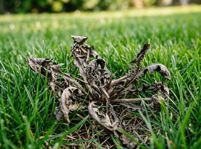 Dehydrated broadleaf weed surrounded by healthy green grass showing selective herbicide results