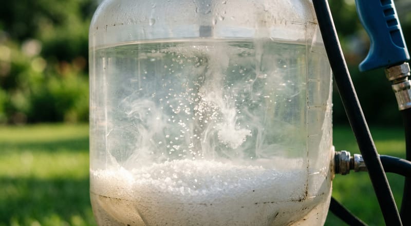 White crystalline Salacia granules dissolving in water inside a pump sprayer tank