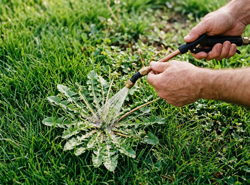 Bare hands holding pump sprayer drenching a dandelion with organic weed killer for full coverage