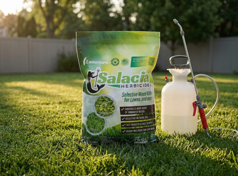 Salacia 25 lb bag on green lawn next to pump sprayer ready to mix