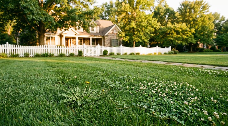 Suburban lawn with broadleaf weeds like dandelions and clover that need targeted granular weed killer treatment