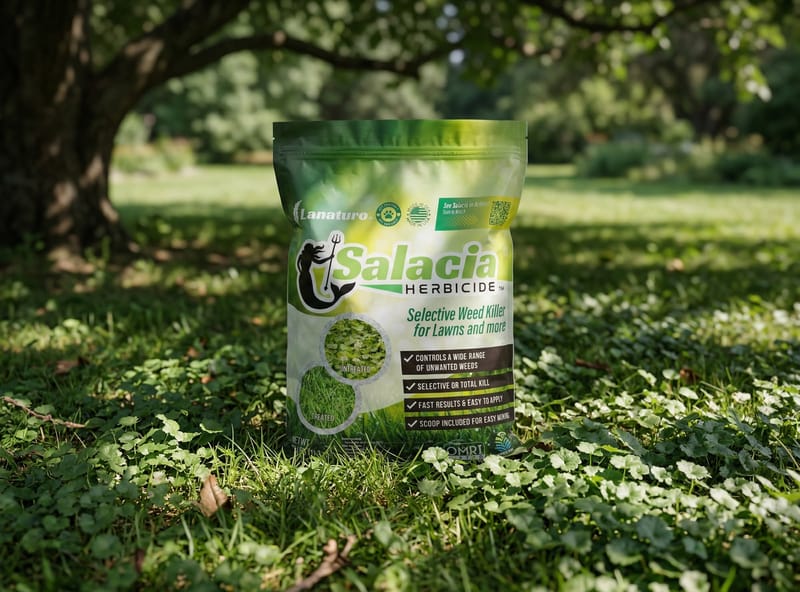 Salacia bag on shady lawn where ground ivy mats are spreading