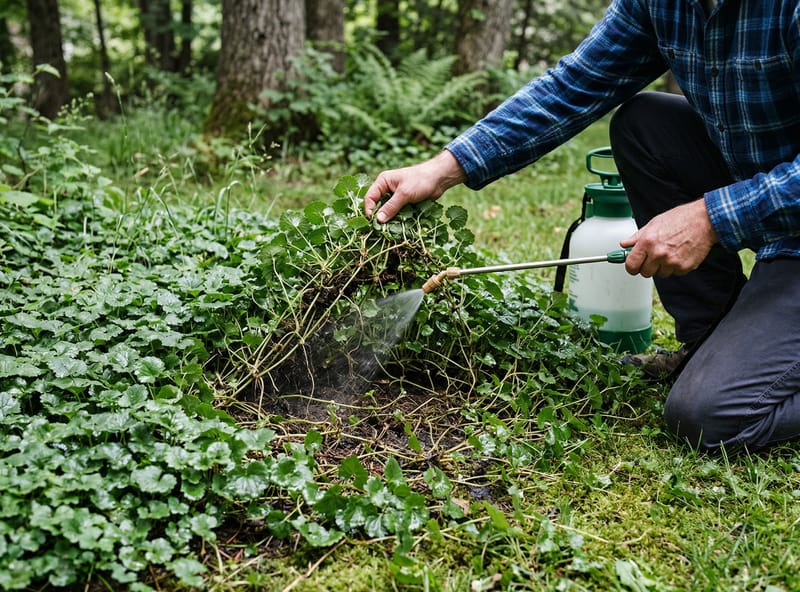 Pump sprayer getting under ground ivy canopy — drenching stems and nodes