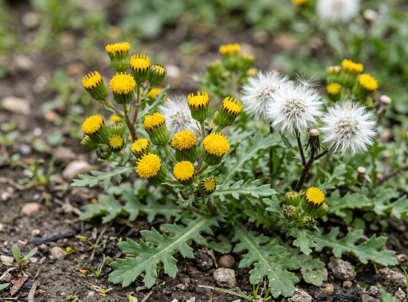 Common groundsel with deeply lobed leaves and small rayless yellow flower heads that look like they never fully open