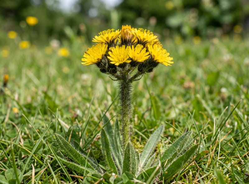 Yellow hawkweed with a tight cluster of small dandelion-like flower heads atop a bristly hairy stem above a basal rosette