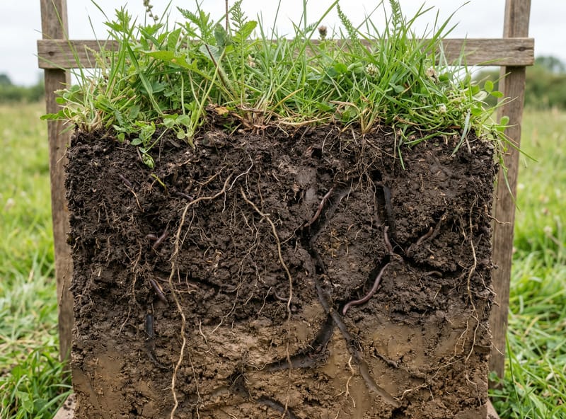 Cross-section of healthy soil showing roots, earthworm tunnels, and rich organic matter
