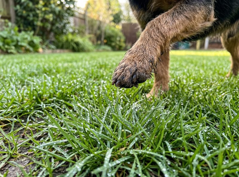 Dog paw stepping on chemically treated lawn grass — pet exposure to herbicide residue