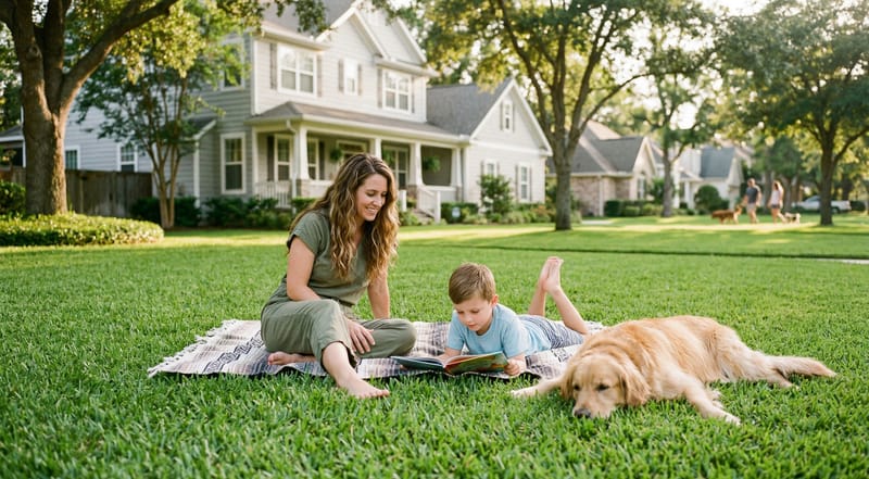 Family with dog relaxing on organic treated lawn — safe chemical-free outdoor space
