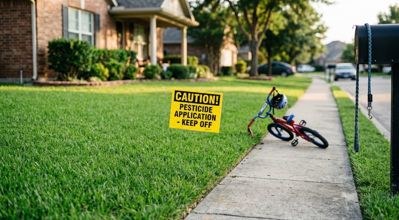 Yellow pesticide warning sign on suburban lawn — keep off grass after chemical treatment