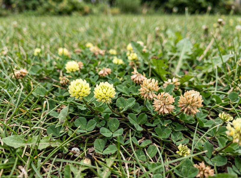 Hop clover forming a low mat with three-leaflet clover leaves and small round pale-yellow flower heads in a lawn