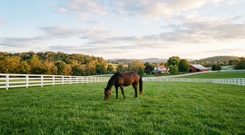 Clean weed-free horse pasture with horse grazing peacefully on healthy grass