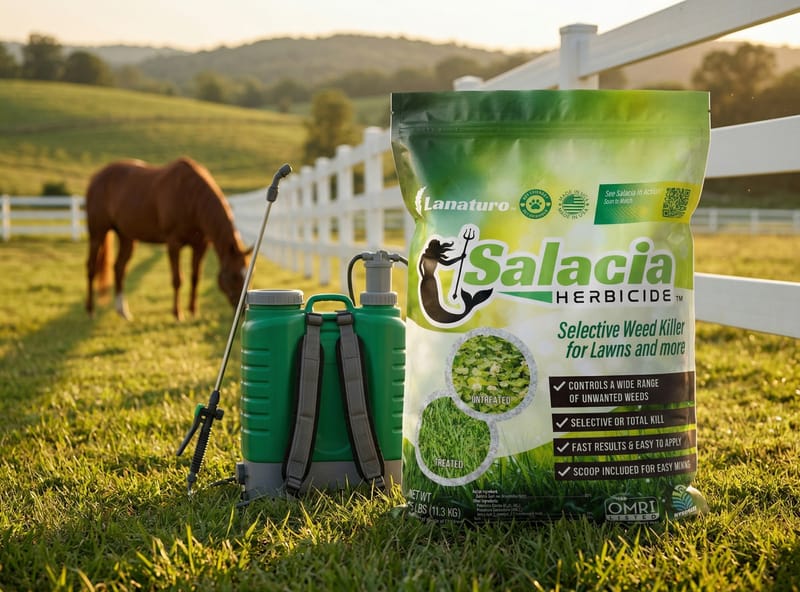 Salacia organic weed killer bag in horse pasture with backpack sprayer and white board fencing