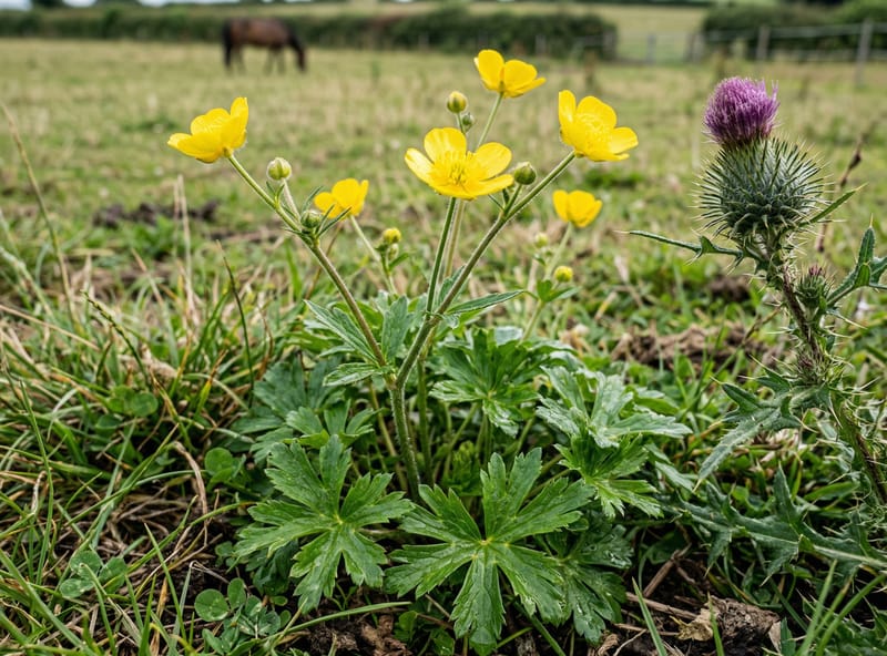 Close-up of toxic pasture weeds — buttercup and thistle dangerous to horses