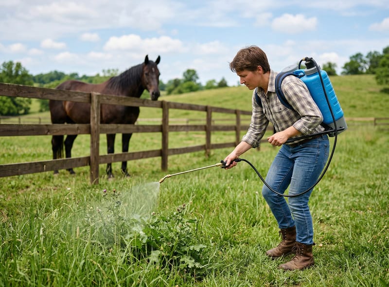 Backpack sprayer treating broadleaf weeds in horse pasture with organic herbicide