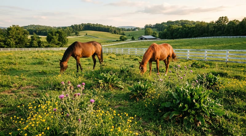 Horse pasture with scattered broadleaf weeds — buttercup, thistle, dock — growing among grazing horses