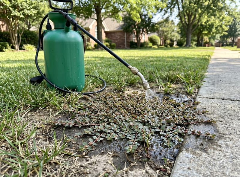A pump sprayer drenching a flat prostrate spurge mat at a lawn and sidewalk edge