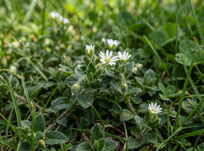 Mouse-ear chickweed with densely hairy dark green oval leaves and small white notched-petal flowers in a low mat