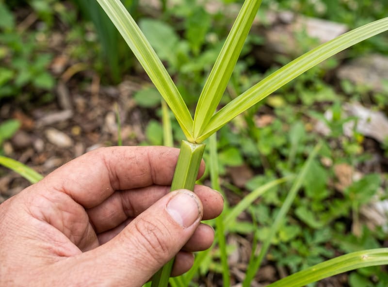 Close-up of nutsedge showing a triangular stem and stiff waxy V-shaped leaves arranged in sets of three