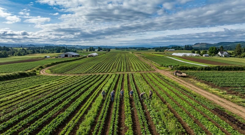Aerial view of organic farm with crop rows stretching to horizon — commercial-scale organic agriculture