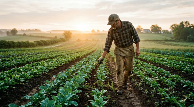 Farmer inspecting organic crop rows at sunrise — hands-on integrated weed management