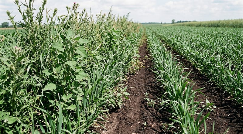 Side-by-side crop rows — untreated with weeds vs treated and clean, showing organic herbicide effectiveness
