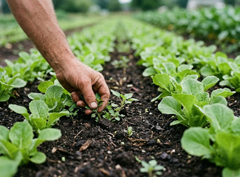 Weeds growing between organic crop rows — the daily challenge of organic weed management