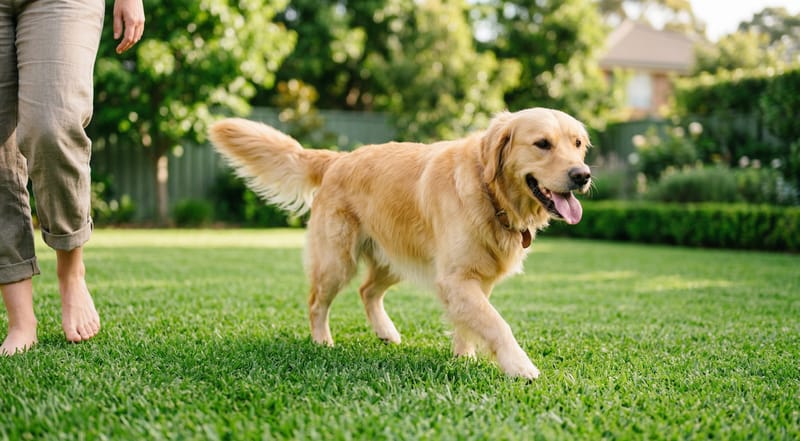 Golden retriever dog walking happily on treated green lawn — Pet Friendly organic weed control