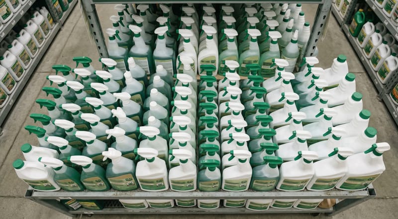 Garden center shelf with rows of generic liquid weed killer spray bottles — commodity burn-down products