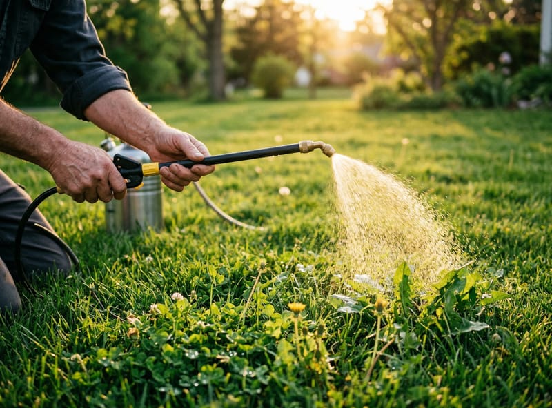 Bare hands spraying weeds with pump sprayer at golden hour — organic weed killer application