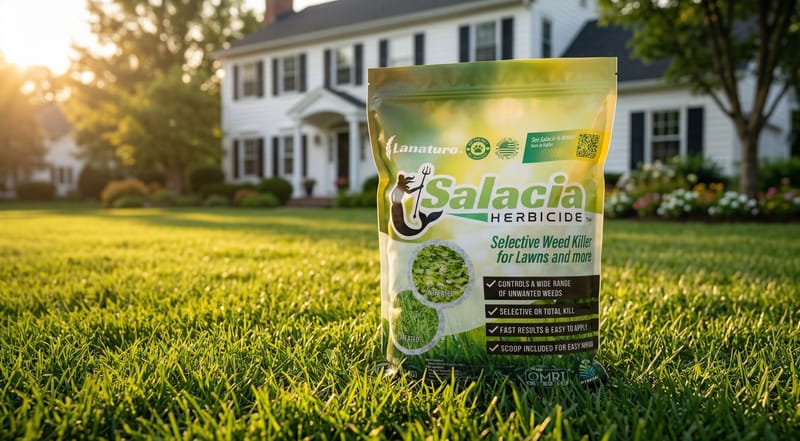 Salacia organic weed killer bag on pristine suburban lawn — the first OMRI-certified selective organic herbicide