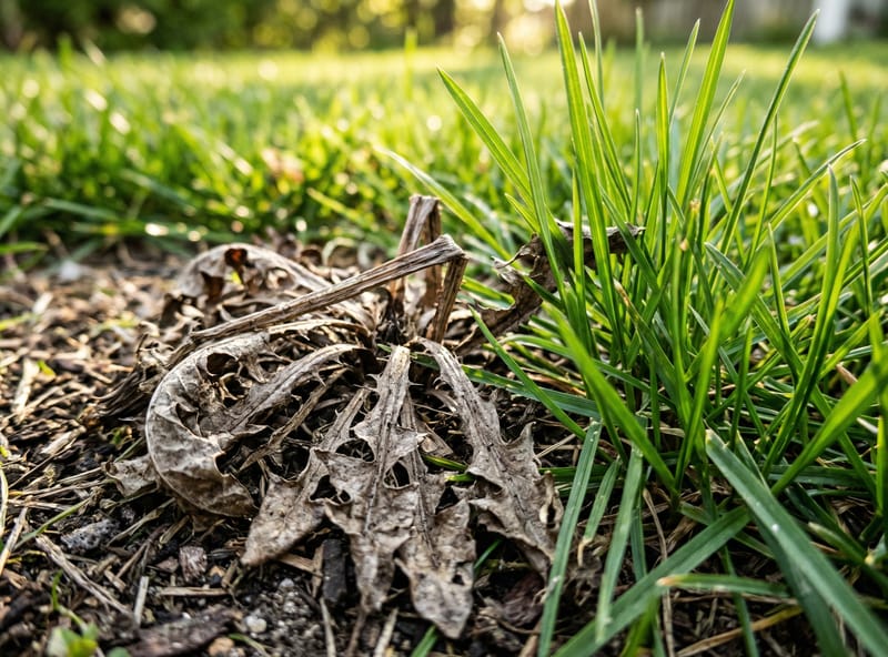 Dehydrated broadleaf weed next to healthy green grass — selective organic weed killer results