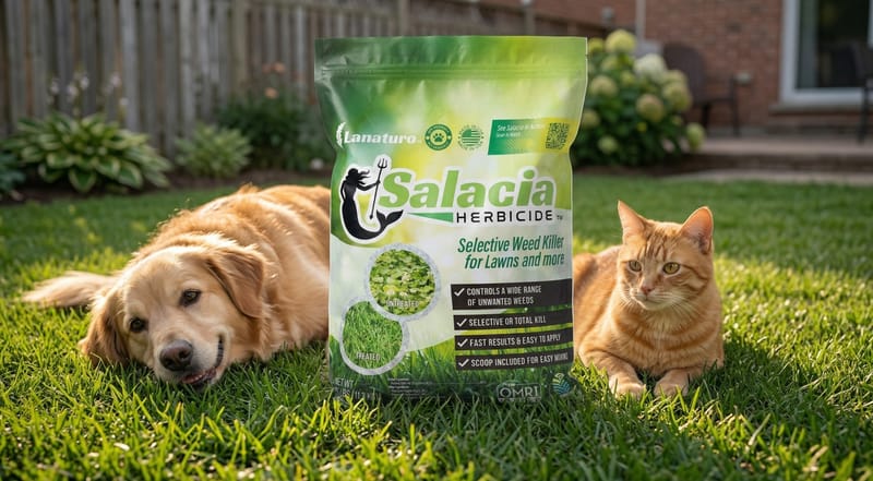 Salacia Pet Friendly weed killer bag on lawn with dog and cat relaxing beside it