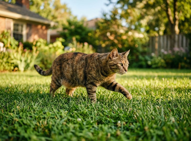 Tabby cat walking on suburban lawn — cats groom paws and ingest lawn residues