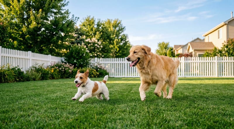 Two dogs playing on treated green lawn — Pet Friendly organic weed control in action