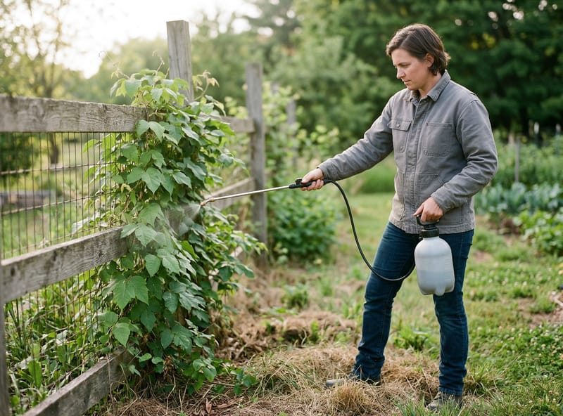 Spraying poison ivy from safe distance with extended pump sprayer wand