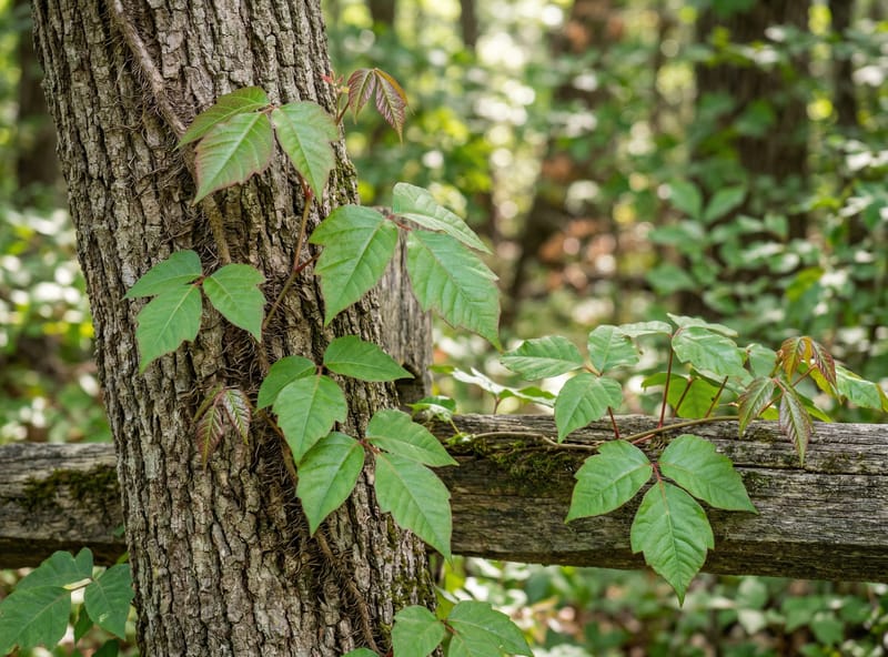 Poison ivy growing on tree trunk — glossy three-leaf clusters with hairy aerial rootlets