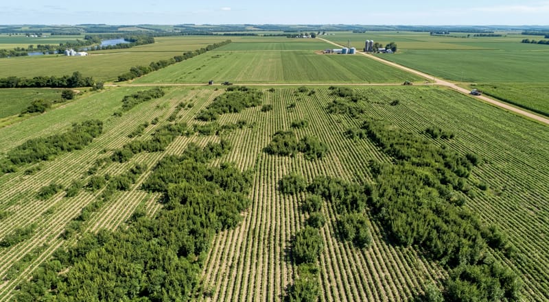 Aerial view of agricultural field with ragweed invasion between crop rows