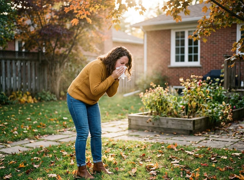 Person sneezing outdoors during ragweed pollen season — the health impact of ragweed allergies