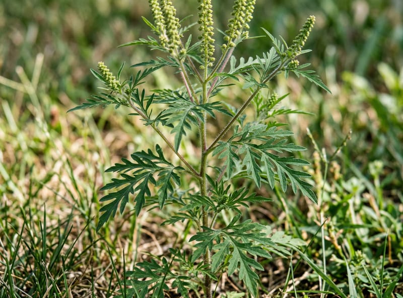 Common ragweed plant with deeply divided feathery leaves and flower spikes