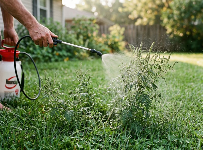 Pump sprayer drenching ragweed plants in lawn for organic treatment